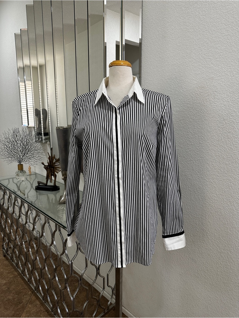 Ann Taylor Black and White Vertical Stripe Dress Shirt